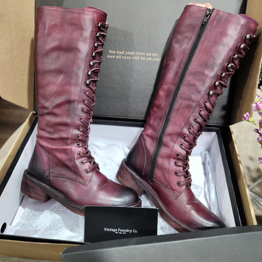 Vintage Foundry Co. Womens Saddle Tall, Round Toe Boots, Leather outsole.